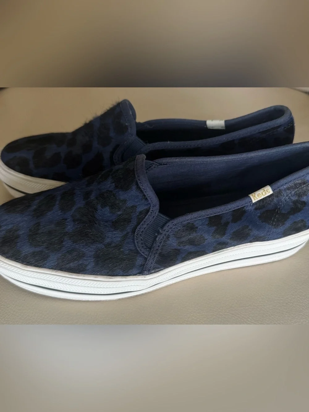 Keds x kate spade NY Triple Decker Navy Leopard Calf Hair Platform Slip-Ons Sz 9